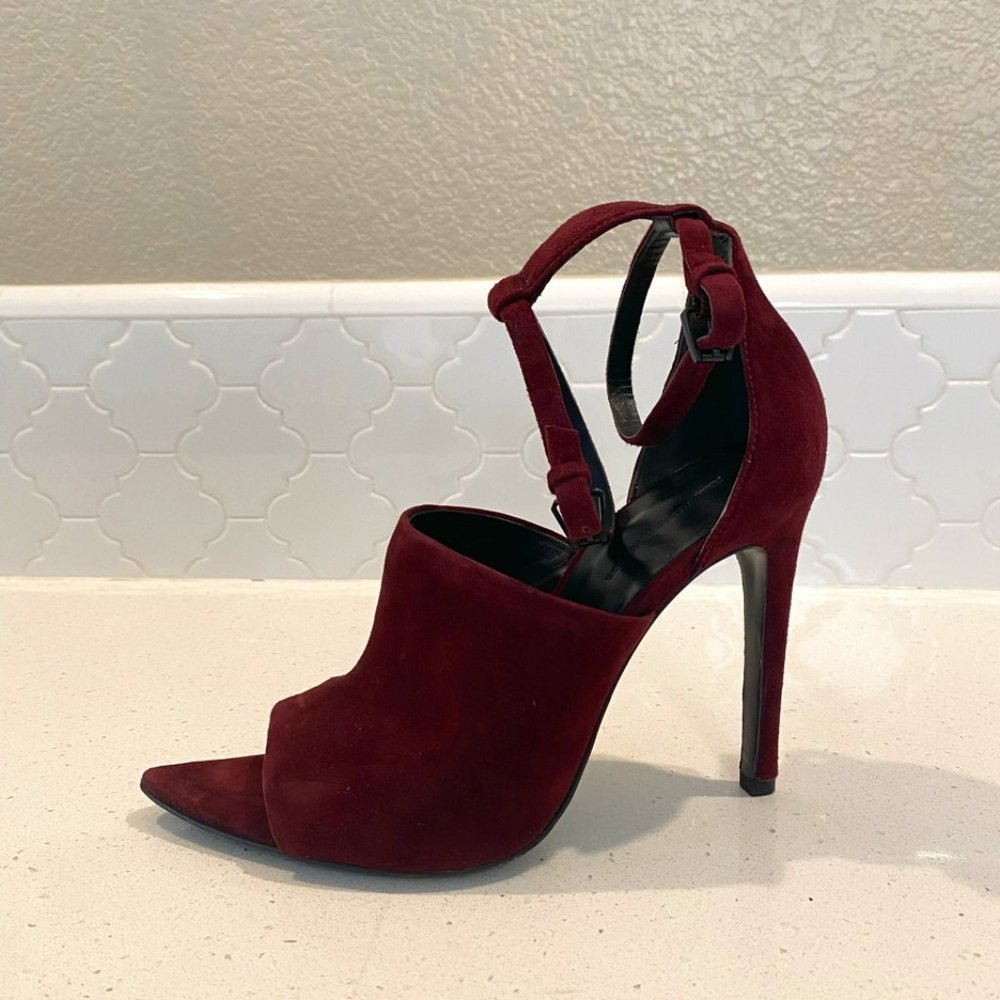 Alexander Wang Suede Strappy Heels in Bordeaux, Size 38.